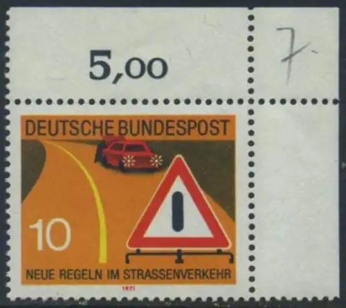 BUND 1971 Michel-Nummer 0671 postfrisch EINZELMARKE ECKRAND oben rechts