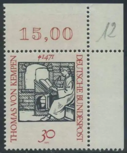 BUND 1971 Michel-Nummer 0674 postfrisch EINZELMARKE ECKRAND oben rechts