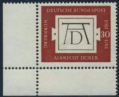 BUND 1971 Michel-Nummer 0677 postfrisch EINZELMARKE ECKRAND unten links