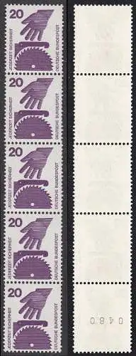 BUND 1971 Michel-Nummer 0696 postfrisch vert.STRIP(5) m/ rücks.Rollennummer 0480