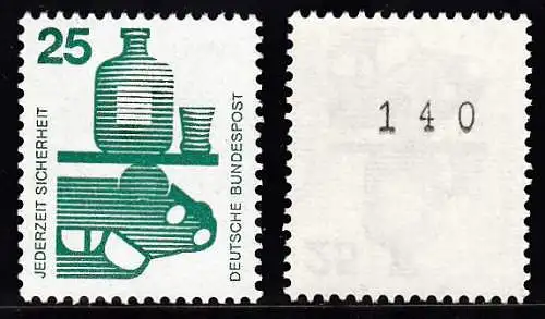 BUND 1971 Michel-Nummer 0697 postfrisch EINZELMARKE m/ rücks.Rollennummer 140