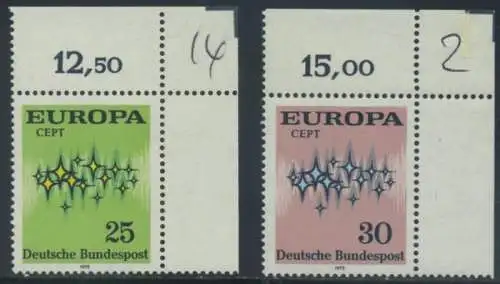 BUND 1972 Michel-Nummer 0716-0717 postfrisch SATZ(2) EINZELMARKEN ECKRÄNDER oben rechts