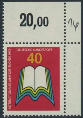 BUND 1972 Michel-Nummer 0740 postfrisch EINZELMARKE ECKRAND oben rechts (b)