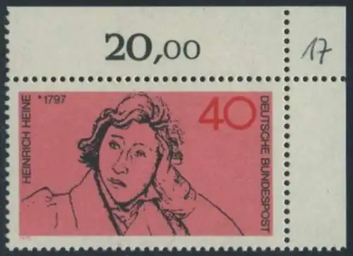 BUND 1972 Michel-Nummer 0750 postfrisch EINZELMARKE ECKRAND oben rechts