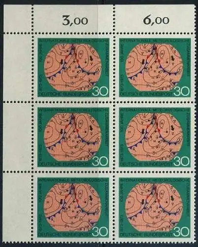 BUND 1973 Michel-Nummer 0760 postfrisch vert.BLOCK(6) ECKRAND oben links