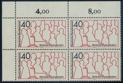 BUND 1974 Michel-Nummer 0796 postfrisch BLOCK ECKRAND oben links
