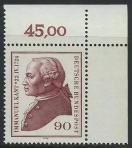 BUND 1974 Michel-Nummer 0806 postfrisch EINZELMARKE ECKRAND oben rechts