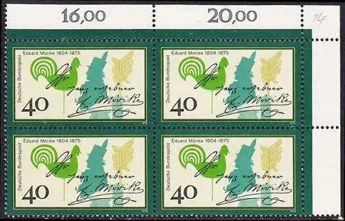 BUND 1975 Michel-Nummer 0842 postfrisch BLOCK ECKRAND oben rechts