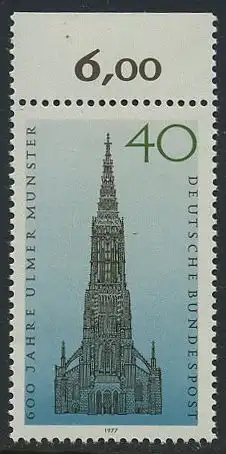 BUND 1977 Michel-Nummer 0937 postfrisch EINZELMARKE RAND oben (a)