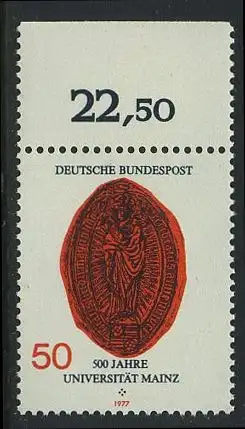 BUND 1977 Michel-Nummer 0938 postfrisch EINZELMARKE RAND oben (b)