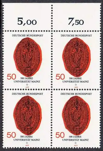 BUND 1977 Michel-Nummer 0938 postfrisch BLOCK RÄNDER oben