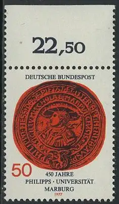 BUND 1977 Michel-Nummer 0939 postfrisch EINZELMARKE RAND oben