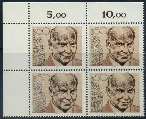 BUND 1977 Michel-Nummer 0942 postfrisch BLOCK ECKRAND oben links