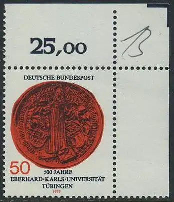 BUND 1977 Michel-Nummer 0946 postfrisch EINZELMARKE ECKRAND oben rechts