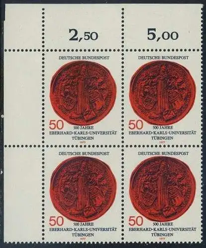 BUND 1977 Michel-Nummer 0946 postfrisch BLOCK ECKRAND oben links
