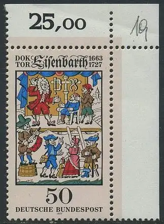 BUND 1977 Michel-Nummer 0953 postfrisch EINZELMARKE ECKRAND oben rechts