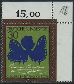 BUND 1978 Michel-Nummer 0978 postfrisch EINZELMARKE ECKRAND oben rechts