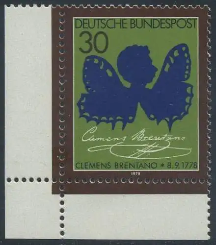 BUND 1978 Michel-Nummer 0978 postfrisch EINZELMARKE ECKRAND unten links