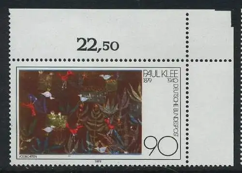 BUND 1979 Michel-Nummer 1029 postfrisch EINZELMARKE ECKRAND oben rechts