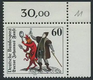 BUND 1979 Michel-Nummer 1030 postfrisch EINZELMARKE ECKRAND oben rechts (a)