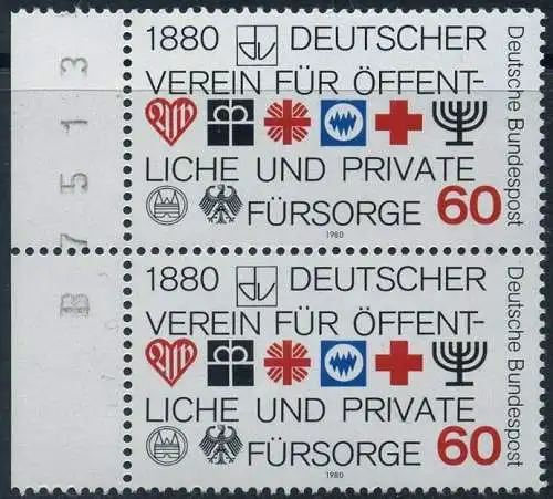 BUND 1980 Michel-Nummer 1044 postfrisch vert.PAAR RAND links (BZ)