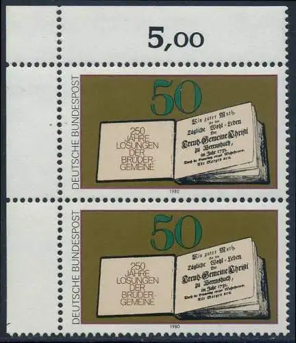 BUND 1980 Michel-Nummer 1054 postfrisch vert.PAAR ECKRAND oben links