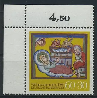 BUND 1980 Michel-Nummer 1066 postfrisch EINZELMARKE ECKRAND oben links