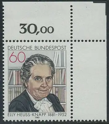 BUND 1981 Michel-Nummer 1082 postfrisch EINZELMARKE ECKRAND oben rechts