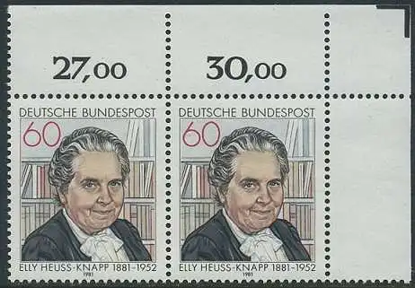 BUND 1981 Michel-Nummer 1082 postfrisch horiz.PAAR ECKRAND oben rechts