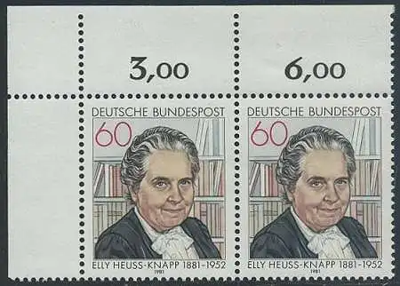 BUND 1981 Michel-Nummer 1082 postfrisch horiz.PAAR ECKRAND oben links