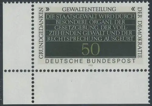 BUND 1981 Michel-Nummer 1106 postfrisch EINZELMARKE ECKRAND unten links