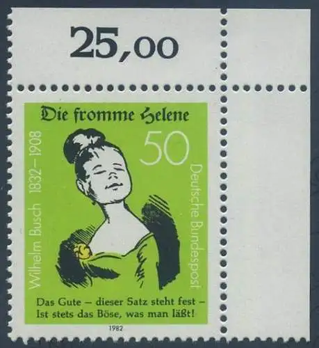 BUND 1982 Michel-Nummer 1129 postfrisch EINZELMARKE ECKRAND oben rechts