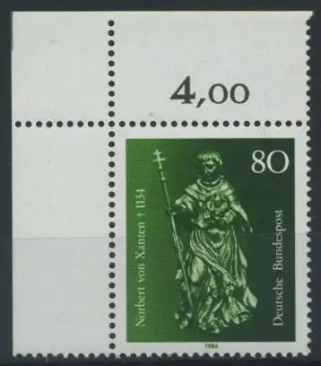 BUND 1984 Michel-Nummer 1212 postfrisch EINZELMARKE ECKRAND oben links
