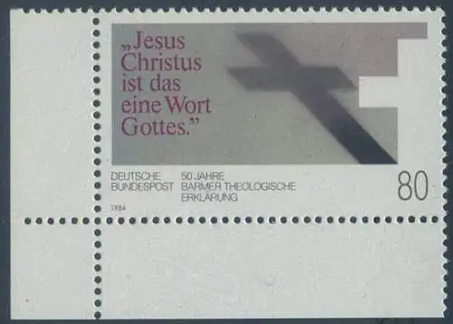 BUND 1984 Michel-Nummer 1214 postfrisch EINZELMARKE ECKRAND unten links