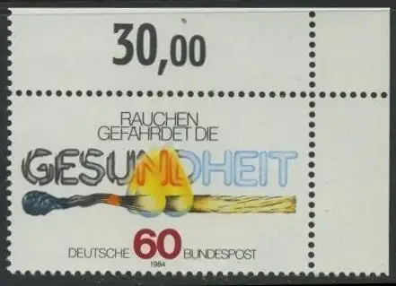 BUND 1984 Michel-Nummer 1232 postfrisch EINZELMARKE ECKRAND oben rechts