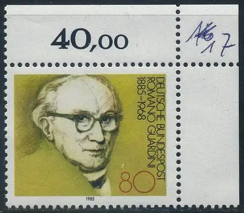 BUND 1985 Michel-Nummer 1237 postfrisch EINZELMARKE ECKRAND oben rechts