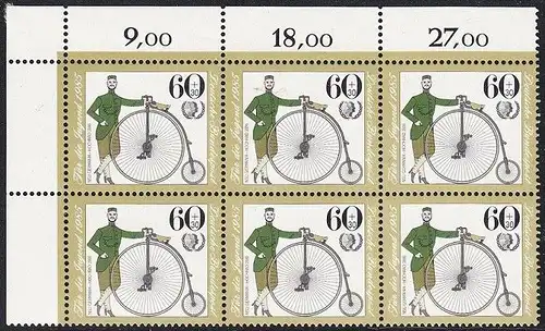 BUND 1985 Michel-Nummer 1243 postfrisch horiz.BLOCK(6) ECKRAND oben links