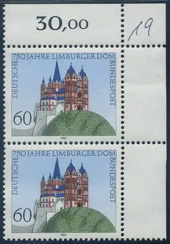 BUND 1985 Michel-Nummer 1250 postfrisch vert.PAAR ECKRAND oben rechts