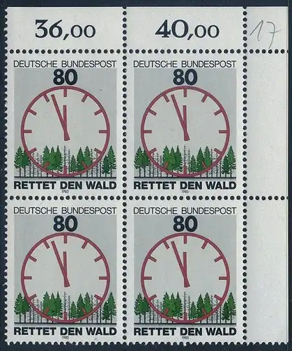 BUND 1985 Michel-Nummer 1253 postfrisch BLOCK ECKRAND oben rechts (a)