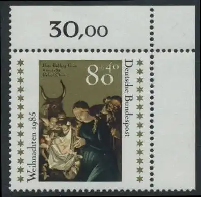 BUND 1985 Michel-Nummer 1267 postfrisch EINZELMARKE ECKRAND oben rechts