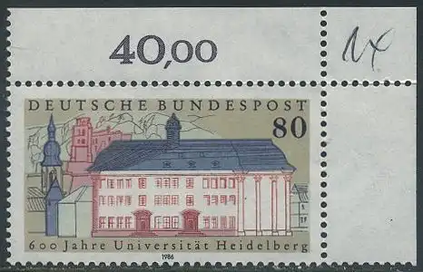 BUND 1986 Michel-Nummer 1299 postfrisch EINZELMARKE ECKRAND oben rechts