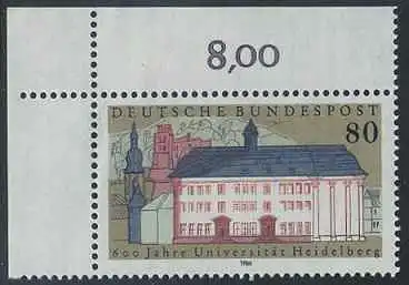 BUND 1986 Michel-Nummer 1299 postfrisch EINZELMARKE ECKRAND oben links