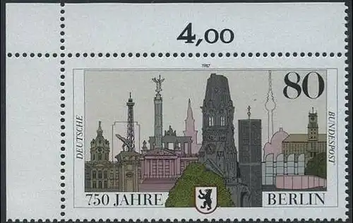 BUND 1987 Michel-Nummer 1306 postfrisch EINZELMARKE ECKRAND oben links