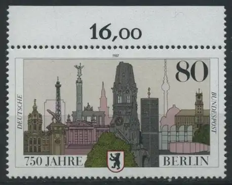 BUND 1987 Michel-Nummer 1306 postfrisch EINZELMARKE RAND oben (c)