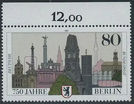BUND 1987 Michel-Nummer 1306 postfrisch EINZELMARKE RAND oben (b)