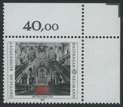BUND 1987 Michel-Nummer 1307 postfrisch EINZELMARKE ECKRAND oben rechts