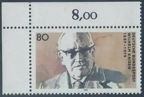 BUND 1987 Michel-Nummer 1325 postfrisch EINZELMARKE ECKRAND oben links