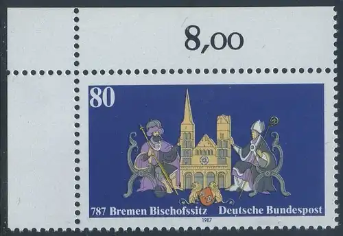 BUND 1987 Michel-Nummer 1329 postfrisch EINZELMARKE ECKRAND oben links