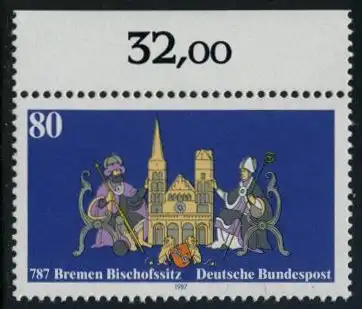 BUND 1987 Michel-Nummer 1329 postfrisch EINZELMARKE RAND oben