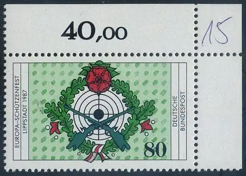BUND 1987 Michel-Nummer 1330 postfrisch EINZELMARKE ECKRAND oben rechts (b)